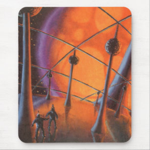 Vintage Science Fiction, Orange Sun and Aliens Mouse Mat