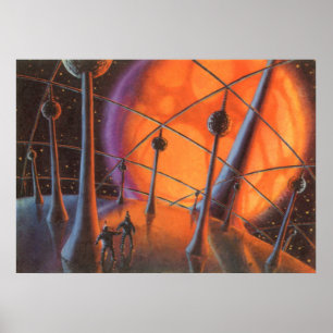 Vintage Science Fiction, Orange Sun and Aliens Poster