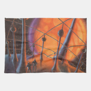 Vintage Science Fiction, Orange Sun and Aliens Tea Towel
