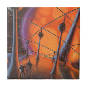 Vintage Science Fiction, Orange Sun and Aliens Tile