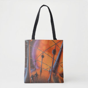 Vintage Science Fiction, Orange Sun and Aliens Tote Bag