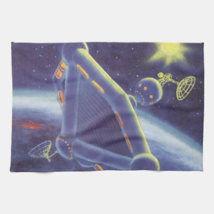 Vintage Science Fiction Orbiting Space Station Tea Towel