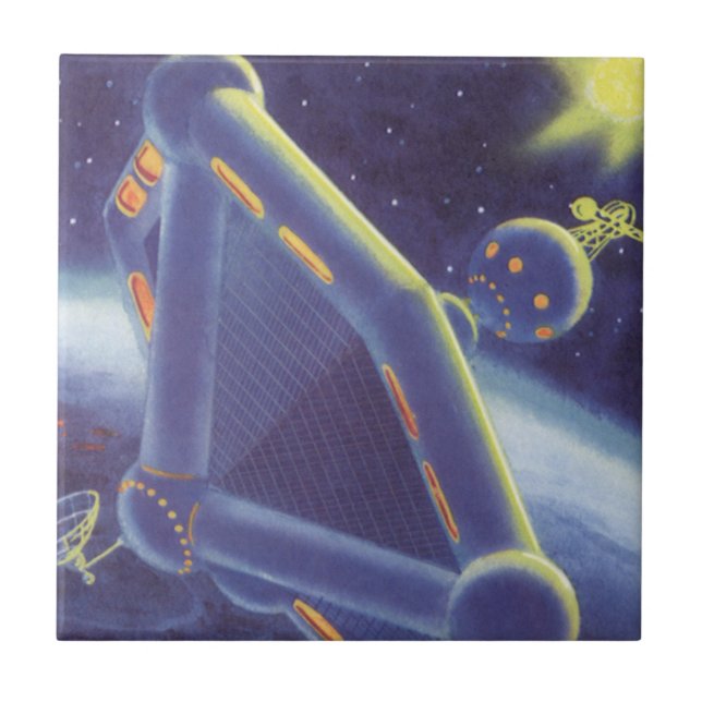 Vintage Science Fiction Orbiting Space Station Tile (Front)