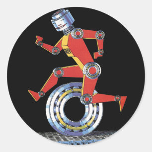 Vintage Science Fiction Robot Running with Wheel Classic Round Sticker