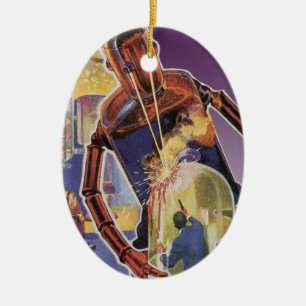 Vintage Science Fiction Robot with Laser Beam Eyes Ceramic Tree Decoration
