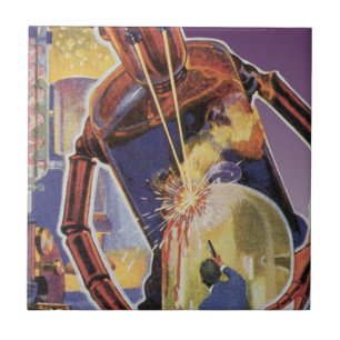 Vintage Science Fiction Robot with Laser Beam Eyes Tile