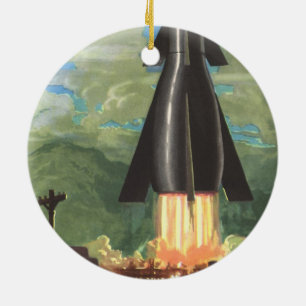 Vintage Science Fiction, Rocket Blasting Off Earth Ceramic Tree Decoration