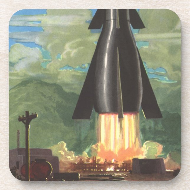 Vintage Science Fiction, Rocket Blasting Off Earth Coaster (Front)
