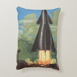 Vintage Science Fiction, Rocket Blasting Off Earth Decorative Cushion