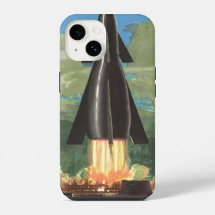 Vintage Science Fiction, Rocket Blasting Off Earth iPhone 14 Case