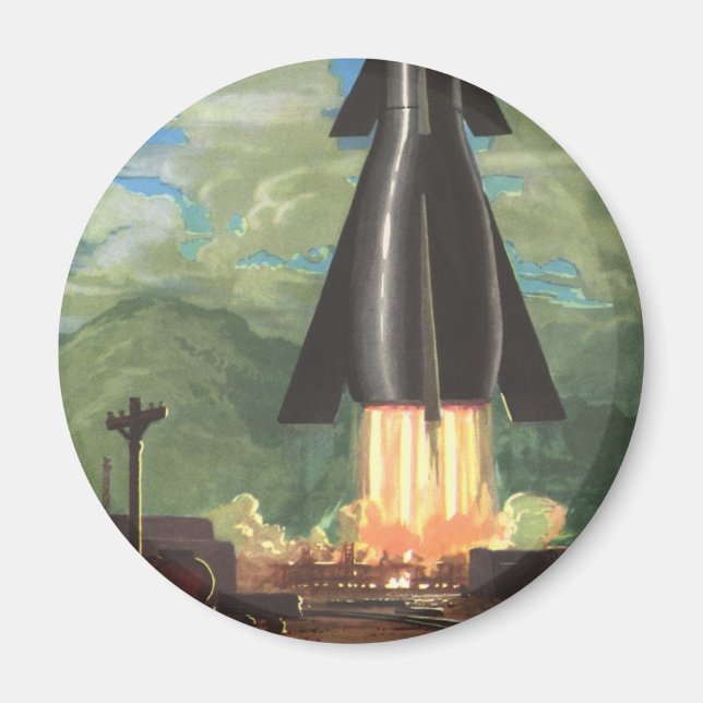 Vintage Science Fiction, Rocket Blasting Off Earth Magnet (Front)