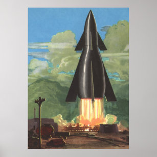 Vintage Science Fiction, Rocket Blasting Off Earth Poster
