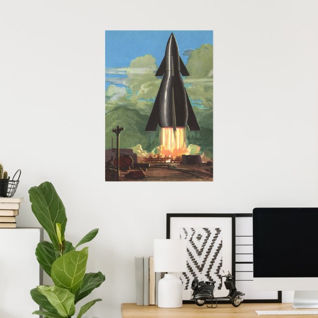 Vintage Science Fiction, Rocket Blasting Off Earth Poster (Home Office)