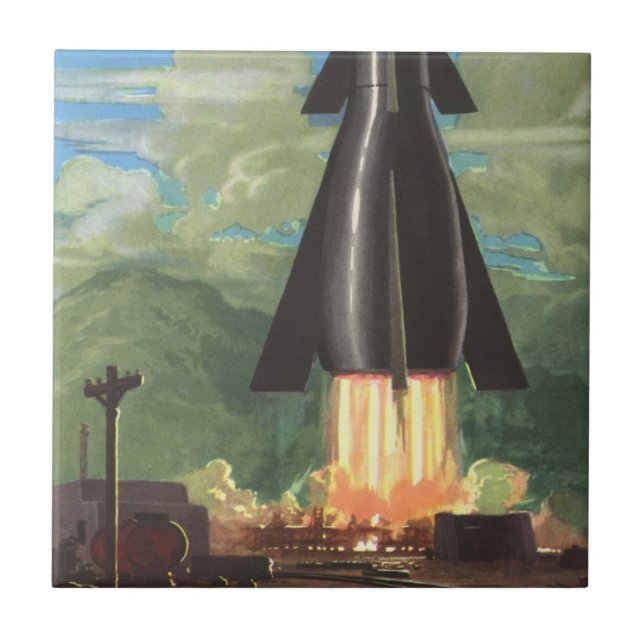 Vintage Science Fiction, Rocket Blasting Off Earth Tile (Front)