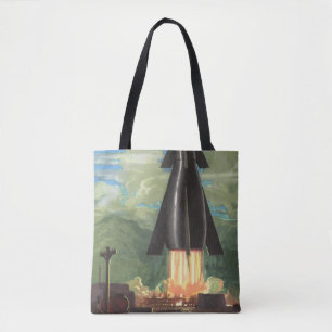 Vintage Science Fiction, Rocket Blasting Off Earth Tote Bag