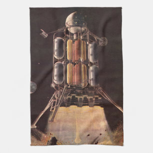 Vintage Science Fiction Rocket Blasting Off Planet Tea Towel