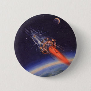 Vintage Science Fiction Rocket in Space over Earth 6 Cm Round Badge