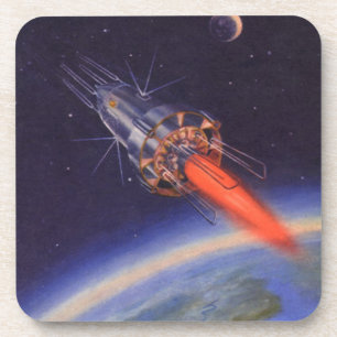 Vintage Science Fiction Rocket in Space over Earth Coaster