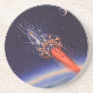 Vintage Science Fiction Rocket in Space over Earth Coaster