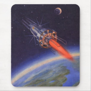 Vintage Science Fiction Rocket in Space over Earth Mouse Mat