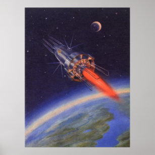 Vintage Science Fiction Rocket in Space over Earth Poster