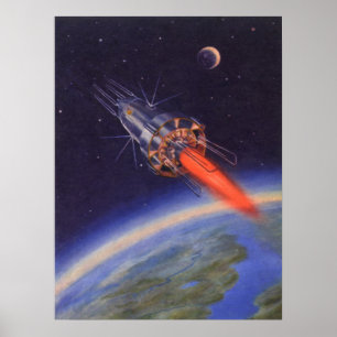 Vintage Science Fiction Rocket in Space over Earth Poster