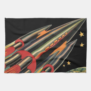 Vintage Science Fiction Rocket Ship by Space Stars Tea Towel