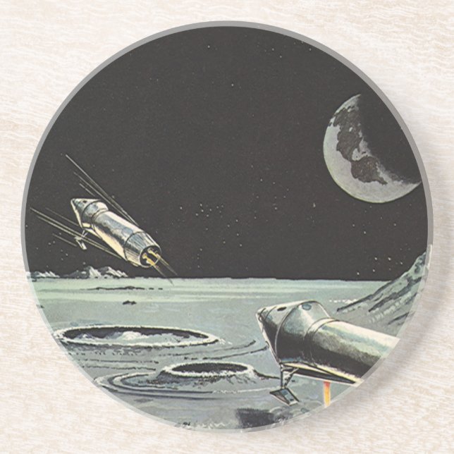 Vintage Science Fiction, Rocket Ships Moon Planets Coaster (Front)