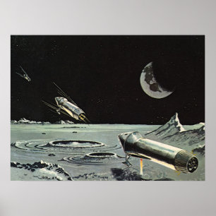 Vintage Science Fiction, Rocket Ships Moon Planets Poster