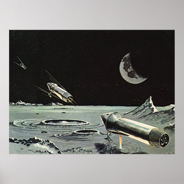 Vintage Science Fiction, Rocket Ships Moon Planets Poster (Front)