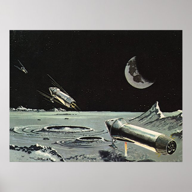 Vintage Science Fiction, Rocket Ships Moon Planets Poster (Front)