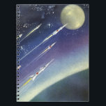 Vintage Science Fiction Rockets in Space by Planet Notebook<br><div class="desc">Vintage illustration futuristic science fiction design featuring a cluster of rockets flying through outer space. Stars and the moon are over the horizon of a foreign planet in our galaxy. A classic 50s retro comic book sci fi design of the future.</div>