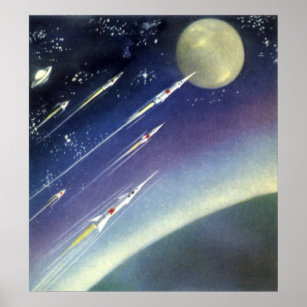 Vintage Science Fiction Rockets in Space by Planet Poster