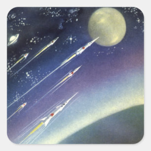 Vintage Science Fiction Rockets in Space by Planet Square Sticker