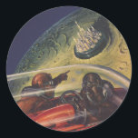 Vintage Science Fiction, Sci Fi City on the Moon Classic Round Sticker<br><div class="desc">Vintage illustration science fiction image featuring a spaceship with astronauts flying over a futuristic city on the moon.</div>