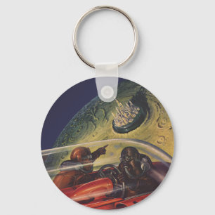 Vintage Science Fiction, Sci Fi City on the Moon Key Ring