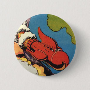 Vintage Science Fiction, Sci Fi Rocket over Earth 6 Cm Round Badge