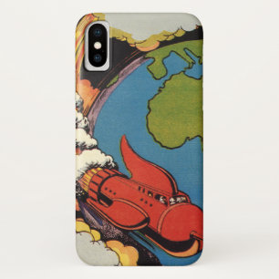 Vintage Science Fiction, Sci Fi Rocket over Earth iPhone X Case