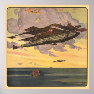 Vintage Science Fiction Seaplane Airplane Ship Poster