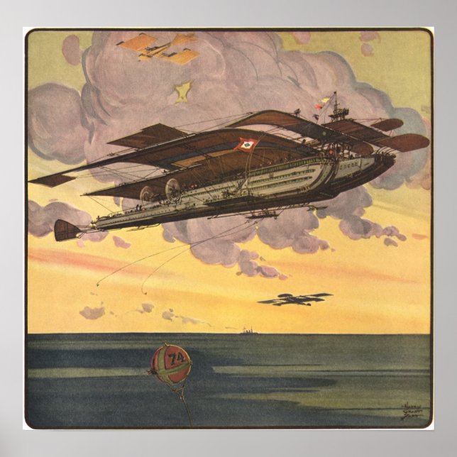 Vintage Science Fiction Seaplane Airplane Ship Poster (Front)
