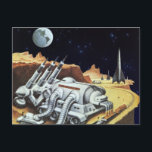 Vintage Science Fiction, Space Station on the Moon Postcard<br><div class="desc">Vintage illustration futuristic Science Fiction planets and outer space image. A space station on the moon with a view of planet Earth in the night sky with stars in the future. A classic 50s retro sci fi comic book design.</div>
