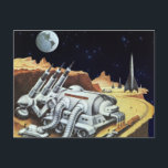 Vintage Science Fiction, Space Station on the Moon Postcard<br><div class="desc">Vintage illustration futuristic Science Fiction planets and outer space image. A space station on the moon with a view of planet Earth in the night sky with stars in the future. A classic 50s retro sci fi comic book design.</div>