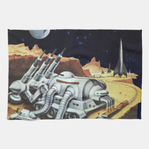 Vintage Science Fiction, Space Station on the Moon Tea Towel