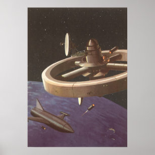 Vintage Science Fiction, Space Station with Planet Poster