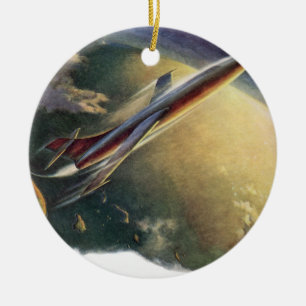 Vintage Science Fiction Spaceship Aeroplane Earth Ceramic Tree Decoration