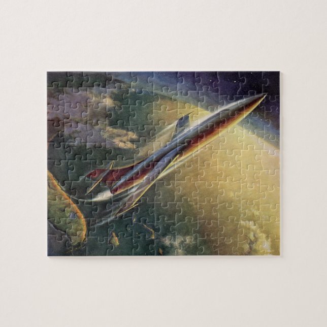 Vintage Science Fiction Spaceship Aeroplane Earth Jigsaw Puzzle (Horizontal)