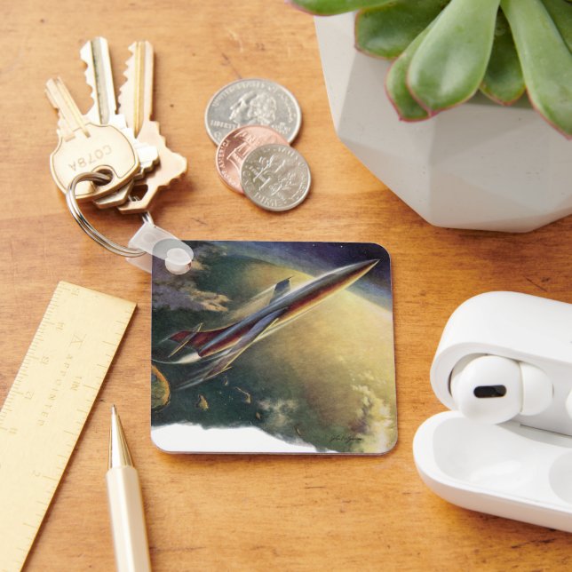 Vintage Science Fiction Spaceship Aeroplane Earth Key Ring (Desk)