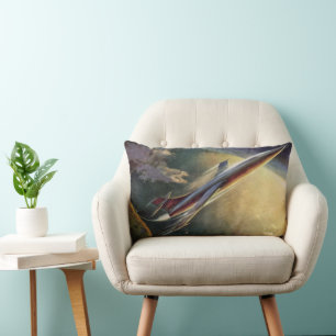 Vintage Science Fiction Spaceship Aeroplane Earth Lumbar Cushion