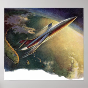 Vintage Science Fiction Spaceship Aeroplane Earth Poster