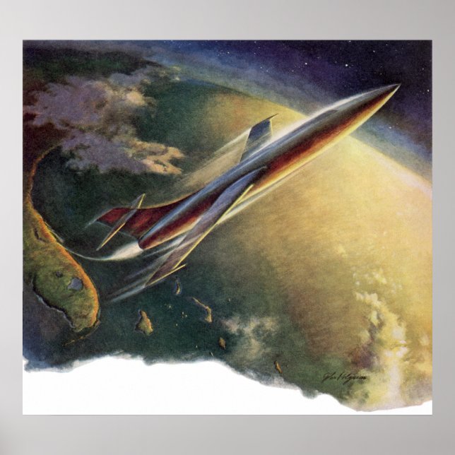 Vintage Science Fiction Spaceship Aeroplane Earth Poster (Front)